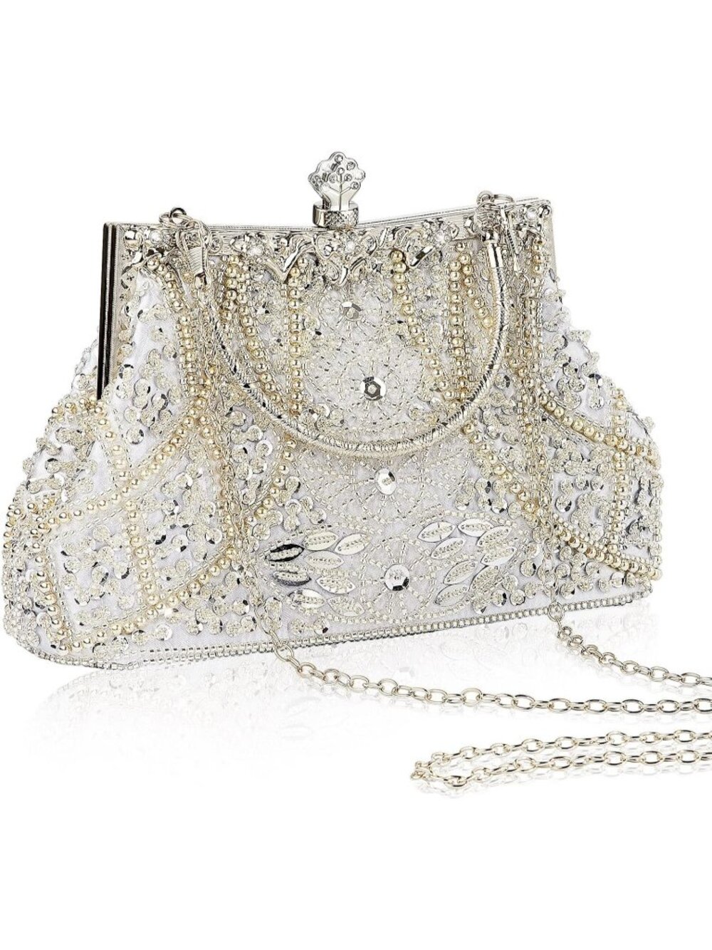Womens Silver Beaded Rhinestone 1920s Flapper Kiss Lock Frame Evening Bag Clutch